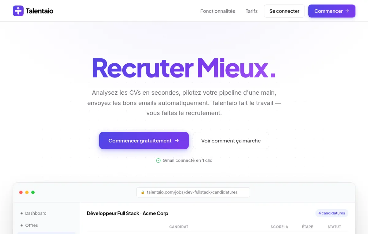 Aperçu de la plateforme Talentaio : tableau des candidatures avec score IA