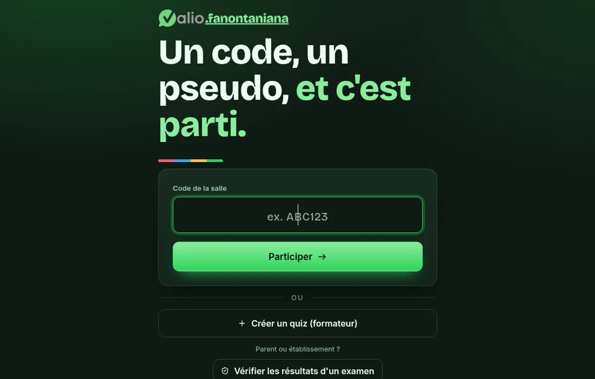Aperçu de valio.fanontaniana : saisie du code de la salle pour rejoindre un quiz